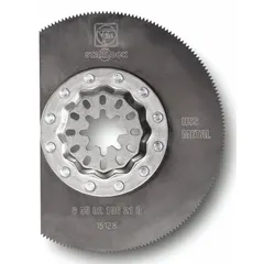 This Starlock mounted blade is designed for long cutting applications. Made from high speed steel, it has an overall length of 3 3/8 in. Suitable for cutting materials such as GFRP (glass fiber reinforced plastic) in industrial settings.