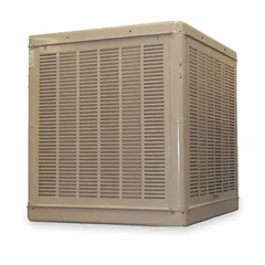 This multiple-inlet residential ducted evaporative cooler measures 42 7/16 in x 39 in x 39 in with a 2 in pad thickness. It operates on 115V AC and includes a drive package that requires assembly. Designed for ducted installation, it uses evaporative cooling to lower indoor air temperature in dry climates.