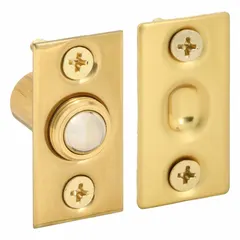 This brass ball bullet catch/strike has a 1 1/2 in overall height and a 1/2 in barrel diameter. It is used to hold doors closed, typically on interior closet doors in residential or light-commercial settings.