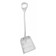 Square-point sieve shovel with a blade length of 12 1/2 inches and blade width of 13 3/4 inches. Made of white polypropylene for corrosion resistance and easy cleaning. The sieve design allows fine particles to pass through, suitable for sifting powders, grains, or granules in hygienic material handling applications.