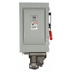 Non-fusible safety switch rated 60 A, three-phase, 600V AC. Galvanized steel enclosure for indoor use. Provides a means to safely disconnect power for maintenance or emergency shutdown in industrial and commercial electrical systems.