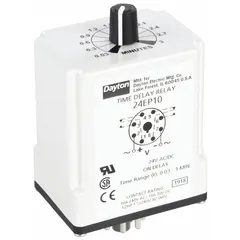 This Dayton socket-mounted relay is a single-function time delay device configured for on-delay operation. Rated for 24V AC/DC and 10 A, it features 8 pins/terminals for easy installation in control circuits. Typical applications include industrial control panels, HVAC systems, and automation equipment where delayed output activation is required.