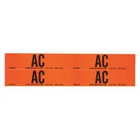 Self-stick vinyl marker with legend 'AC' for identifying AC voltage on conduits and electrical panels. Each card contains 4 markers, label height 1 1/8 in, style B. Suitable for indoor industrial environments