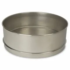 Stainless steel test sieve pan with 12 in overall diameter. Designed to collect fine particles passing through stacked test sieves during particle size analysis and material testing in laboratory and industrial classification processes.