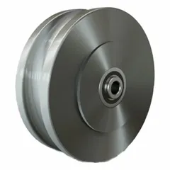 U-groove wheel designed for use on track or angle-iron rail systems in material handling and industrial equipment. Wheel diameter 6 in, width 2 in, fits 1/2 in axle, load capacity 1,875 lb. Clear finish.