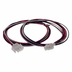 This MATE-N-LOK connector assembly includes a plug with male contacts and three 48-inch white hookup leads (18 AWG, UL 1015, PVC jacket). Rated 12 A at 600V AC, it is suited for low-power and signal connections in control panels, lighting, and machinery.