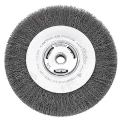 This light-cleaning brush from WEILER is designed for surface preparation and deburring on carbon steel. It features a crimped steel fill of 0.014 in, a 7 in diameter by 7/8 in width, and a 5/8 in arbor. Suitable for removing rust, scale, and light burrs in metal fabrication and maintenance tasks.