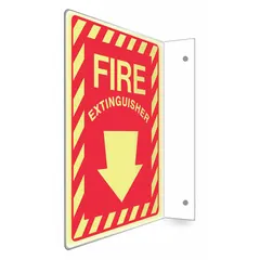 This L-shape projection sign is designed to identify fire extinguisher locations. It features a glow-in-the-dark design for visibility in low-light conditions. The sign has mounting holes for secure installation and is not retroreflective. Nominal size is 12 in x 9 in.