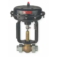 Bronze pneumatic globe valve with 2-inch FNPT x FNPT connections. Stainless steel disc. Air-to-spring actuation with fail-open operation. Used for flow regulation in industrial piping systems handling steam, water, or gas.