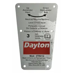 Replacement capacity label for Dayton brand material handling equipment. Displays rated load capacity for safe operation. Fits Dayton model 3TR01G. Manufacturer part number 71317747G.