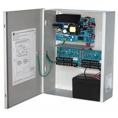This power supply board with enclosure accepts 115V AC input and provides regulated 12VDC output at 10A. It features 8 PTC-protected outputs and is housed in a steel enclosure. Typical applications include powering access control systems, security devices, and industrial automation equipment.