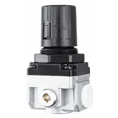 Aluminum-bodied compressed air regulator with 1/4 in NPT ports. Adjustable pressure range from 7 psi to 145 psi via knob control. Flow capacity of 56 cfm. Used in pneumatic systems to regulate and stabilize downstream air pressure for tools, cylinders, and valves.
