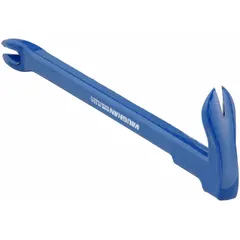 Double claw end nail puller with 11 in overall length, 1 in bar width, and 3 in end width. Features a rust-resistant finish and meets ASME standards. Used for extracting nails in framing, demolition, and carpentry applications.