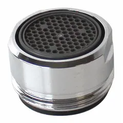 This brass aerated flow outlet features a chrome finish and a 15/16"-27 male connection. It includes a key for installation. Typical applications include commercial and institutional washrooms where reduced water splash and improved rinsing efficiency are desired.