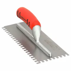 This square-blade trowel features a carbon steel blade and a ProForm handle. It is used for applying and spreading tile adhesive or mortar during tile installation on floors, walls, and countertops.