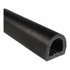 D-shaped EPDM rubber seal with high-strength self-adhesive backing for weatherproofing, vibration dampening, and gap sealing. Suitable for use on doors, panels, and enclosures where a compressible seal is needed. 25 ft length, black color.