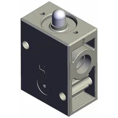 This manual air control valve features a basic plunger actuator and two 1/4-inch ports, with a maximum operating pressure of 1 MPa. It is used in pneumatic circuits for simple on/off or directional flow control, common in industrial automation and material handling systems.