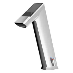 Cast zinc construction with chrome finish. Single-post design with solar-powered sensor operation. Flow rate of 1.5 gpm. Includes (4) AA alkaline batteries. Suitable for commercial restroom applications requiring touch-free operation.