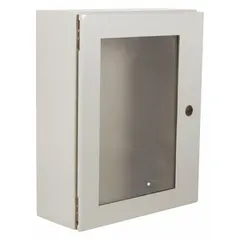 This WIEGMANN steel washdown enclosure measures 24 x 20 x 10 inches and is rated NEMA 12/13/3R/4. It features a solid window cover, hinged design, and 1/4-turn latch closure. No knockouts are provided. Suitable for protecting electrical controls in environments requiring protection from dust, rain, splashing water, and hose-directed water.