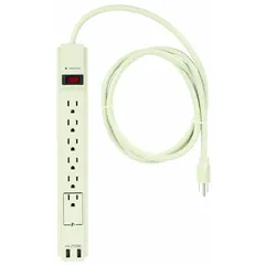 This general purpose surge protector features six outlets, a 6 ft power cord, and 1050 J of surge energy rating. Rated for 15 A, it includes keyhole mounting for wall installation. Suitable for protecting electronics in offices, workshops, and light industrial settings.