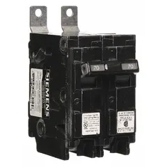 The SIEMENS B270HH is a 70 A, 2-pole miniature circuit breaker rated for 120/240V AC single-phase systems. Part of the BL Series, it features a bolt-on connection for use with P1 Panelboards and provides a maximum AIR rating of 65kA at 120/240V AC. Suitable for overcurrent protection in commercial and industrial electrical distribution applications.