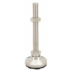 Non-skid male leveling mount with swiveling stud, 1"-8 thread size, 4 in type, and 15,000 lb load capacity. Features nickel-plated finish, round base, elastomer thrust pad, includes jam nut, and has 1-3/8 in hex size with mounting holes. Used for leveling and supporting heavy machinery and equipment.