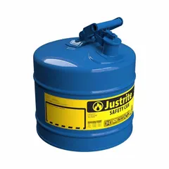 JUSTRITE Type I safety can for kerosene, 5 gallon capacity, powder coated steel construction in blue. Type I design with single opening for filling and pouring. Suitable for handling and storage of kerosene in industrial and maintenance environments.