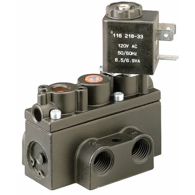ARO Solenoid Air Control Valve: Alpha, Four-Way / Two-Position, 12V DC, 1/4 in Female NPT - ARO Alpha Series Solenoid-Operated Inline Air Control Valves
