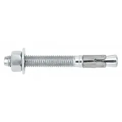 Zinc-plated steel wedge anchor for fastening into solid concrete. 5/8" diameter, 5" overall length, 2 7/8" thread length with 5/8"-11 thread size. Supplied in a 25-pack.