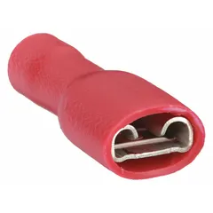 Red vinyl fully insulated female quick disconnect socket for 22 AWG to 16 AWG wire. Full coverage insulation protects against short circuits and accidental contact. Used for making secure, removable electrical connections in control panels, appliances, and wiring systems.
