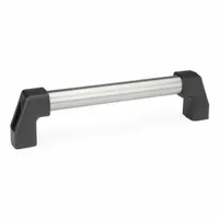 This load-rated straight-leg tubular pull handle features a rear-mount design with 15.75 in mounting hole center-to-center spacing. It has a silver finish, M10 screw size, and black polyamide leg style. Suitable for heavy-duty cabinet and enclosure access in industrial environments
