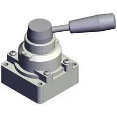 Lever-actuated, two-position manual air control valve with bottom-ported body. Ports are 3/8 in NPT; maximum operating pressure is 1 MPa. Used to start, stop, or redirect compressed air flow in pneumatic systems.
