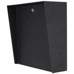 Black powder-coated carbon steel cover housing for gate operator access control devices. Overall height 14 inches, includes EPDM rubber seal. Accommodates cameras. Suitable for outdoor installations requiring a weather-resistant enclosure.
