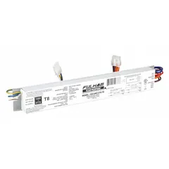 Programmed rapid start electronic ballast for operating one or two F58T8 fluorescent lamps. Supports 120 to 277V AC input with 157W bulb wattage. Measures 12 inches in overall length. Suitable for use in commercial and industrial lighting fixtures such as troffers, strip lights, and high-bay luminaires.