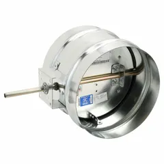 Round manual control damper with a 10-inch diameter and 14-inch length, constructed of steel with a butterfly blade and silicone blade seal. Designed for ceiling mounting and includes an actuator bracket. Suitable for regulating airflow in HVAC ductwork, with a normally open switch action and maximum air velocity of 3000 fpm.