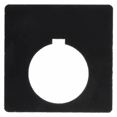 Square legend plate for push-button stations, with 30 mm panel mounting size and 2 1/4 in overall height and width. Constructed of non-metallic plastic with a black body and white notch. Used to label operator controls in industrial control panels and machine tool applications.