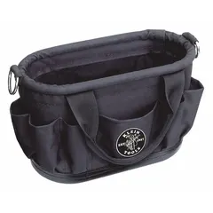 This black polyester tool tote features 7 pockets for organizing hand tools. It is suitable for carrying and storing tools on job sites or in workshops.