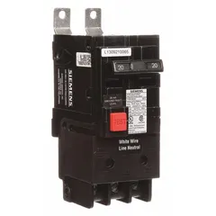 Ground fault equipment protection circuit breaker rated 20 A, 2-pole, single-phase, 120/240V AC. Maximum AIR rating 22kA at 120/240V AC. Bolt-on mounting for use with Siemens P1 panelboards. Provides overcurrent and ground fault protection in electrical distribution systems.