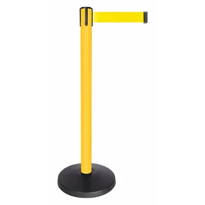 QUEUEWAY Barrier Post with Belt: Yellow, No Pattern, No Legend, 10 ft Belt Lg, Yellow - Solid-Color Retractable Belt Post Barriers