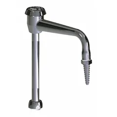 This replacement spout is constructed of brass with a polished chrome finish. It features a gooseneck design with a swivel function and a 5 gpm flow rate. The inlet connection type is UNEF. Suitable for laboratory faucets requiring flexible positioning for rinsing and filling tasks.