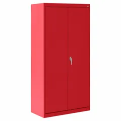 Stationary welded steel cabinet with powder-coated red finish. Includes four adjustable shelves and a swing handle with keyed lock. Suitable for storage of tools, parts, or supplies in warehouses, workshops, and retail backrooms.