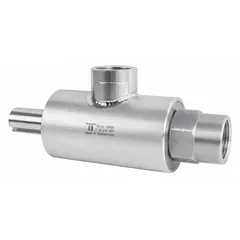 This MOSMATIC rotating joint is a single-passage union with a 3/4 in threaded rotating shaft, constructed from plain 304 stainless steel. It is rated for a maximum speed of 130 RPM and is used to transfer fluid or air from a stationary supply to a rotating component in industrial machinery such as packaging, printing, and material handling equipment.