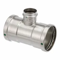 This VIEGA PROPRESS crimp tee fitting is used to create branch connections in potable water stainless steel press piping systems. It has a 4 in CTS x 4 in CTS x 2 in CTS size and a rubber seal type. Suitable for industrial plumbing and process water lines where leak-free joints are required