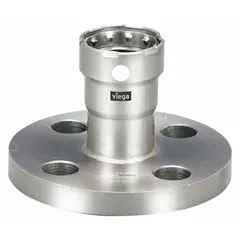 Press-fit flange for potable water systems, made of stainless steel with an FKM seal. Rated for maximum operating pressure of 200 psi. Suitable for use in stainless steel press piping systems.