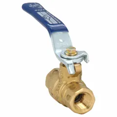 This brass ball valve features a straight body with female NPT connections on both ends and a full-port ball port for minimal flow restriction. The memory stop locking lever handle allows secure position control. Suitable for on/off or redirecting flow in commercial and light industrial piping systems handling water, oil, or gas.