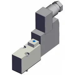Five-way, four-position solenoid air control valve from the SYJ500 series. Operates on 24V DC with a single solenoid and maximum flow rate of 7.2 scfm. Aluminum body with DIN solenoid connector. Used in pneumatic systems to direct compressed air to actuators or cylinders.
