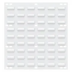 This wall-mount louvered panel measures 20 inches by 18 inches by 5/16 inch and has a white powder-coated finish. Designed for one-sided use, it provides a mounting surface for bins and accessories in workstations, garages, and warehouses. The panel is sold without bins.