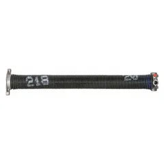 This steel torsion spring with left-hand wind direction is used in counterbalance systems for overhead doors. It features a closed drawbar end type, 0.207 in wire diameter, 2 5/32 in outside diameter, and 180° deflection angle.