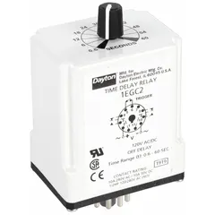 This Dayton socket-mounted time delay relay features an off-delay function, rated for 240V AC and 10A. With 11 pins/terminals, it is designed for industrial control panels requiring delayed de-energization of loads after input signal removal. Typical applications include motor sequencing, conveyor systems, and HVAC equipment.