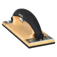 This HYDE hand sander features a rubber body and clip-type abrasive mounting for manual sanding. It is used for smoothing surfaces, removing paint, or preparing wood and drywall for finishing in construction, woodworking, and maintenance tasks.
